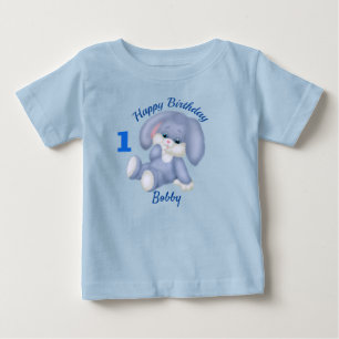 Camiseta Para Bebê Coelho Azul Meninos 1º Aniversário Nome Idade Pers