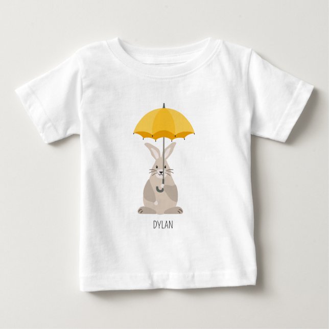Camiseta Para Bebê Coelho bonito com nome personalizado guarda-chuva (Frente)