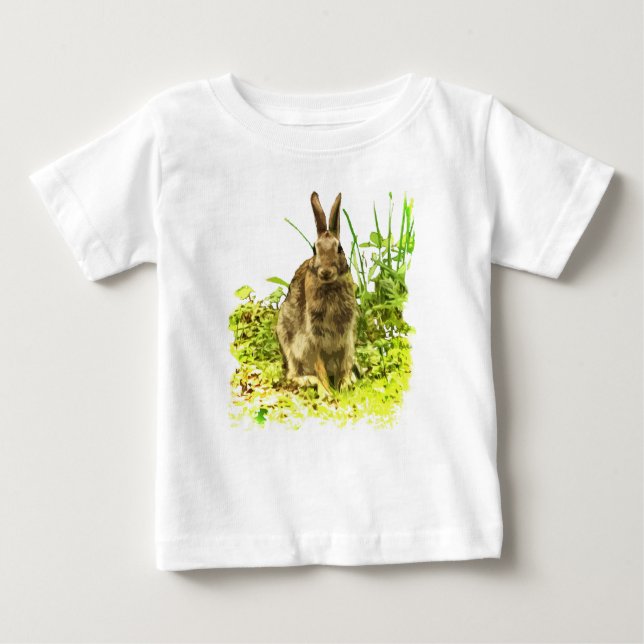 Camiseta Para Bebê Coelho Castanho em Camisa-Bebê de Grama Verde (Frente)