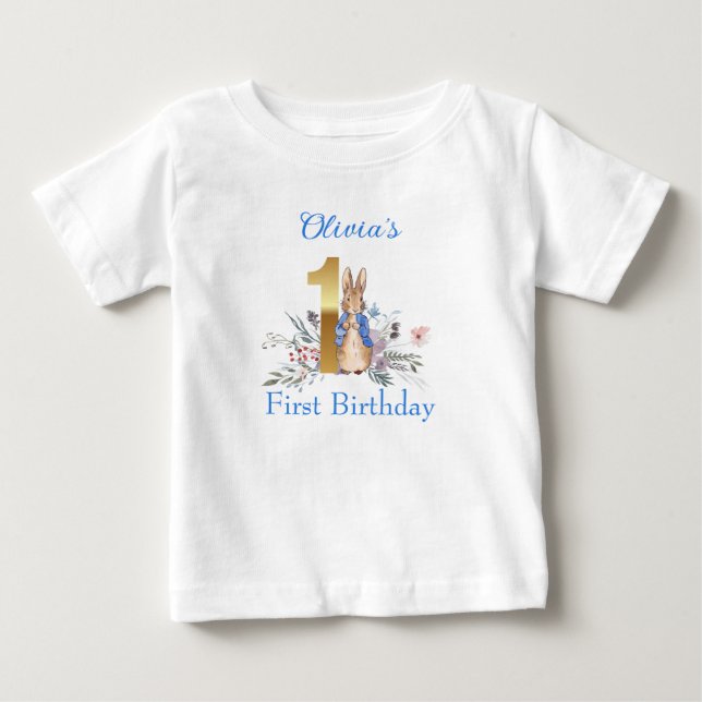 Camiseta Para Bebê Coelho clássico em jaqueta azul (Frente)