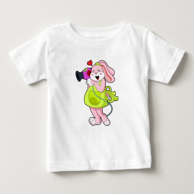 Camiseta Para Bebê Coelho como cabeleireiro com secador de cabelo (Frente)