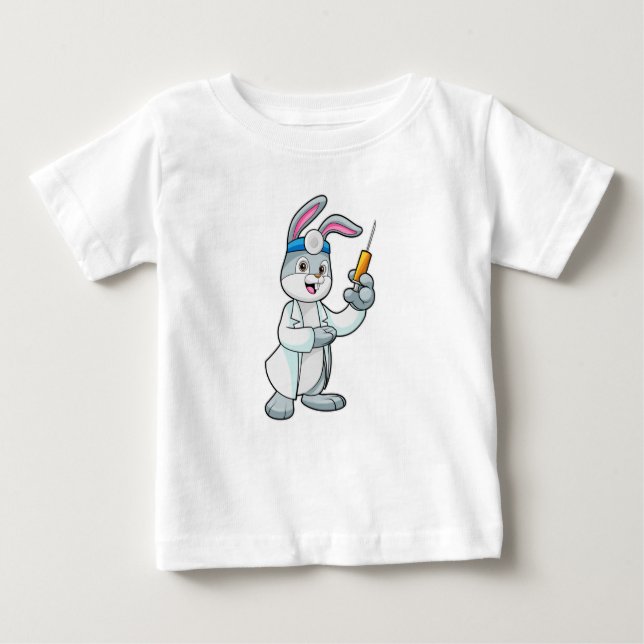 Camiseta Para Bebê Coelho como Médico na Vacinação com Seringa (Frente)