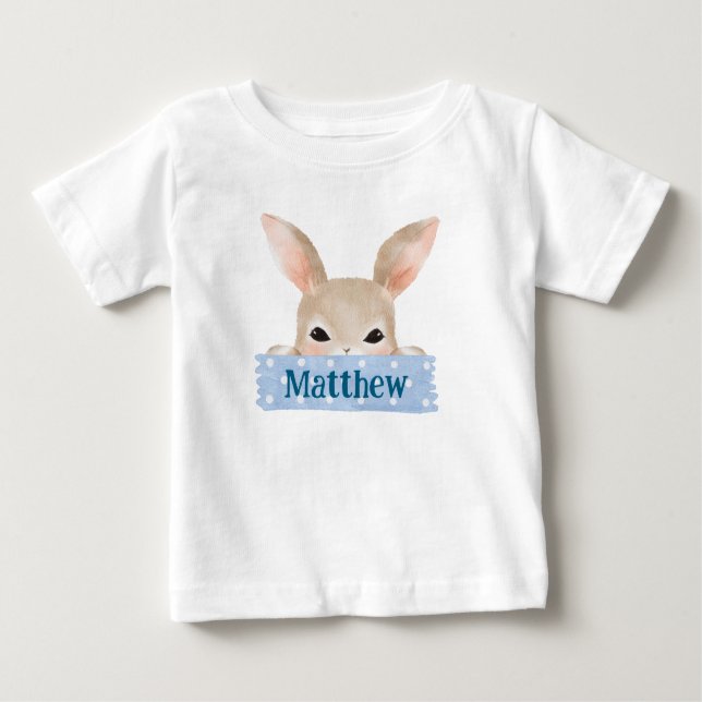 Camiseta Para Bebê Coelho da Páscoa em Aquarela Azul para Meninos (Frente)