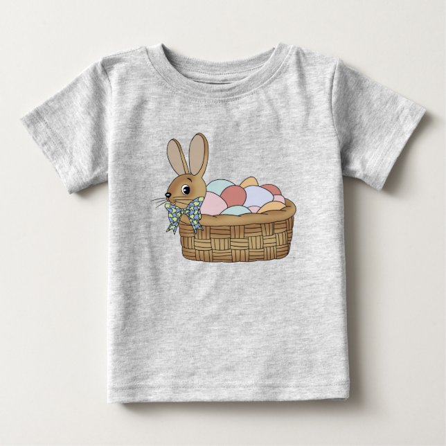 Camiseta Para Bebê Coelho da Páscoa em Cesta com Ovos (Frente)