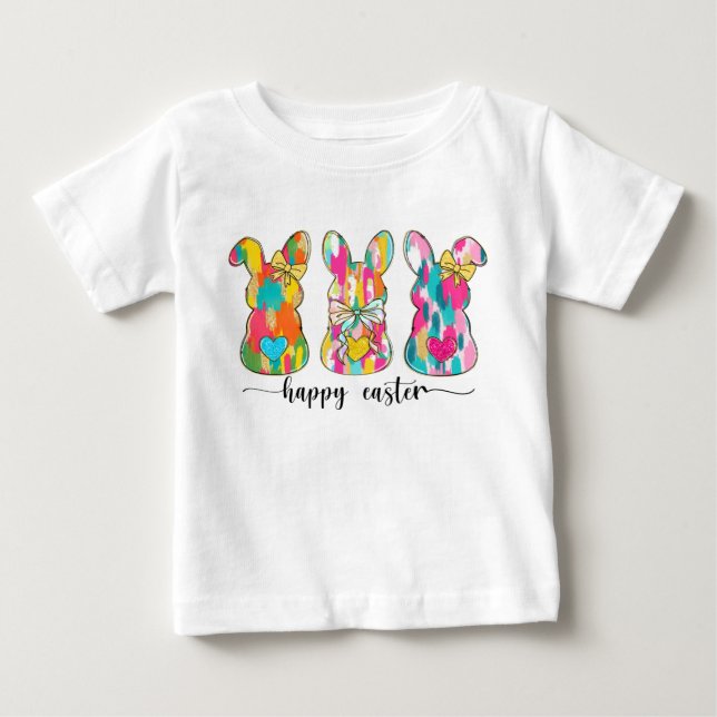Camiseta Para Bebê Coelho de Páscoa Feliz Brilhante (Frente)