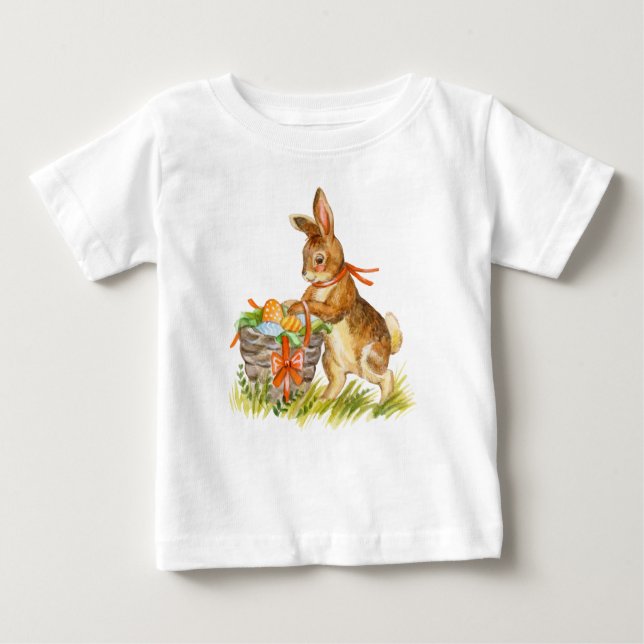 Camiseta Para Bebê Coelho e cesto de páscoa de aquarela (Frente)