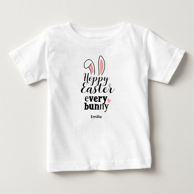 Camiseta Para Bebê Coelho Feliz Páscoa Nome Personalizado (Frente)