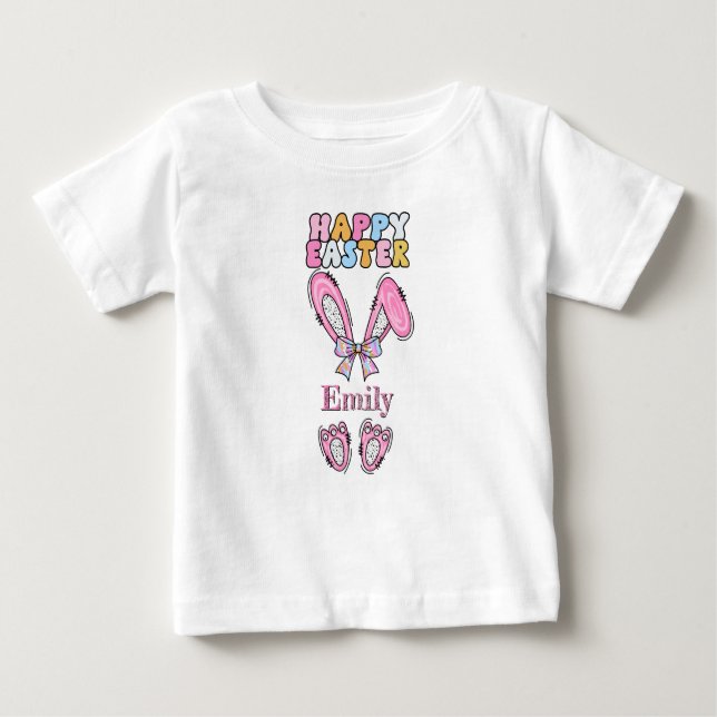 Camiseta Para Bebê Coelho Feliz Páscoa Rosa Personalizado Meninas (Frente)