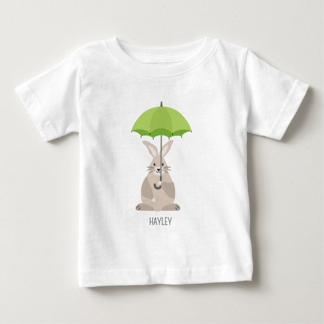 Camiseta Para Bebê Coelho fofo com nome personalizado de guarda-chuva (Frente)