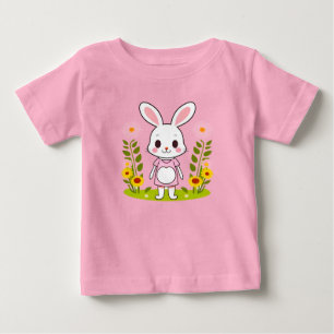 Camiseta Para Bebê Coelho Fofo em um Vestido Cercado por Flores