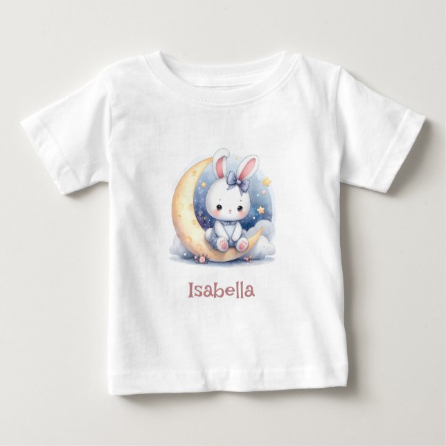 Camiseta Para Bebê coelho fofo sentado na lua  (Frente)