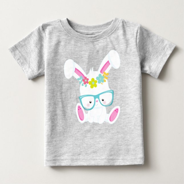 Camiseta Para Bebê Coelho hipster, Coelhinho Com Óculos, Coelho, Flor (Frente)