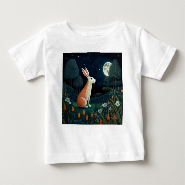 Camiseta Para Bebê Coelho Laranja e Branco na Lua (Frente)