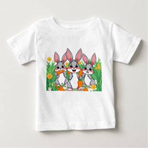 Camiseta Para Bebê Coelhos de Cartoon Adoráveis Comendo Carroçaria T-