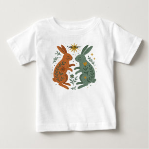 Camiseta Para Bebê Coelhos de Folha Nome Personalizado Unisex