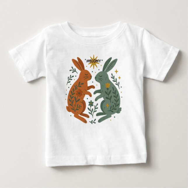 Camiseta Para Bebê Coelhos de Folha Nome Personalizado Unisex (Frente)