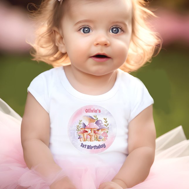 Camiseta Para Bebê Cogumelos Puros Rosa Querem primeiro aniversario G (Pink Purple Mushrooms Fall 1st Birthday Girl Baby T-Shirt)
