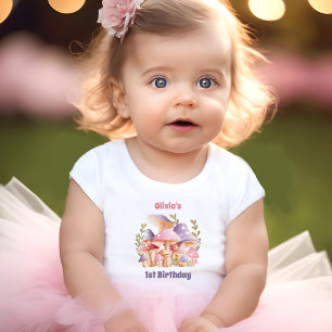Camiseta Para Bebê Cogumelos Púrpuros Rosa Querem primeiro aniversari