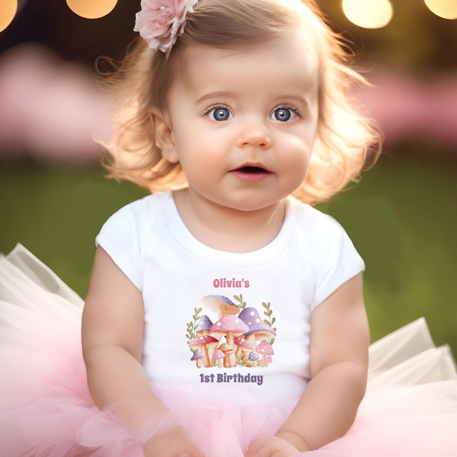 Camiseta Para Bebê Cogumelos Púrpuros Rosa Querem primeiro aniversari (Pink Purple Mushrooms Fall 1st Birthday Baby Girl Baby T-Shirt)