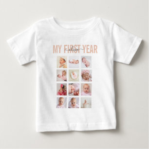 Camiseta Para Bebê Colagem de Fotos do Meu Primeiro Ano de Nome de Be