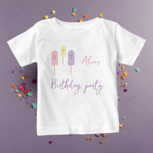 Camiseta Para Bebê Colher de Cone de Sorvete Confete Rosa Aniversário
