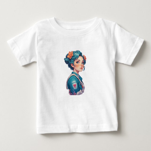 Camiseta Para Bebê Colorful Girl Portrait with Flowers  (Frente)