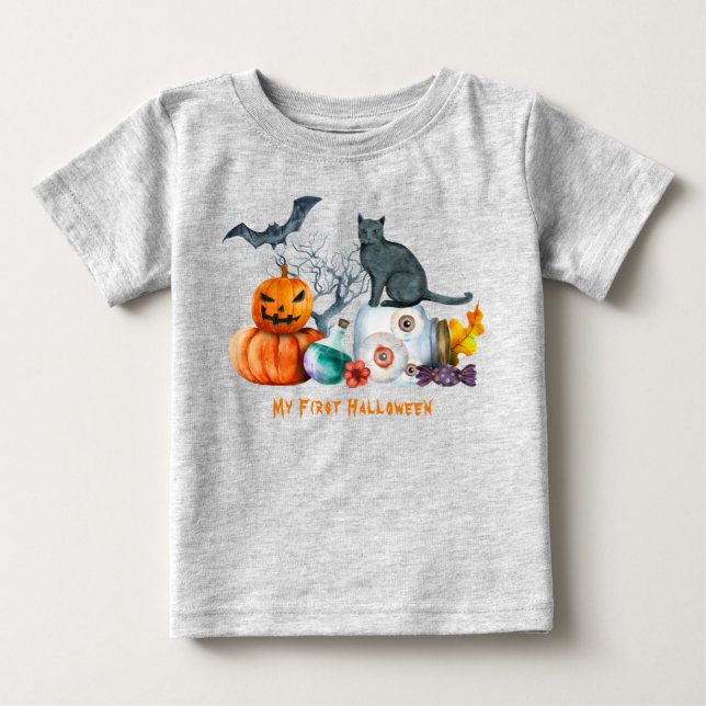 Camiseta Para Bebê Composição de Halloween Meu Primeiro Halloween (Frente)