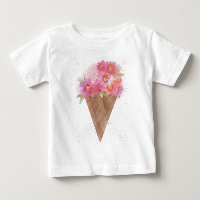 Camiseta Para Bebê Cone de Sorvete Floral de Nome Personalizado (Frente)