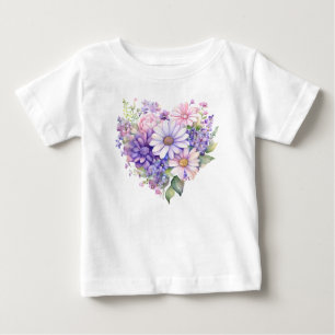 Camiseta Para Bebê Conjunto Combinado Coração Floral Aquarela