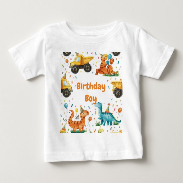 Camiseta Para Bebê Construção Dinossauro Aniversariante Personalizado (Frente)