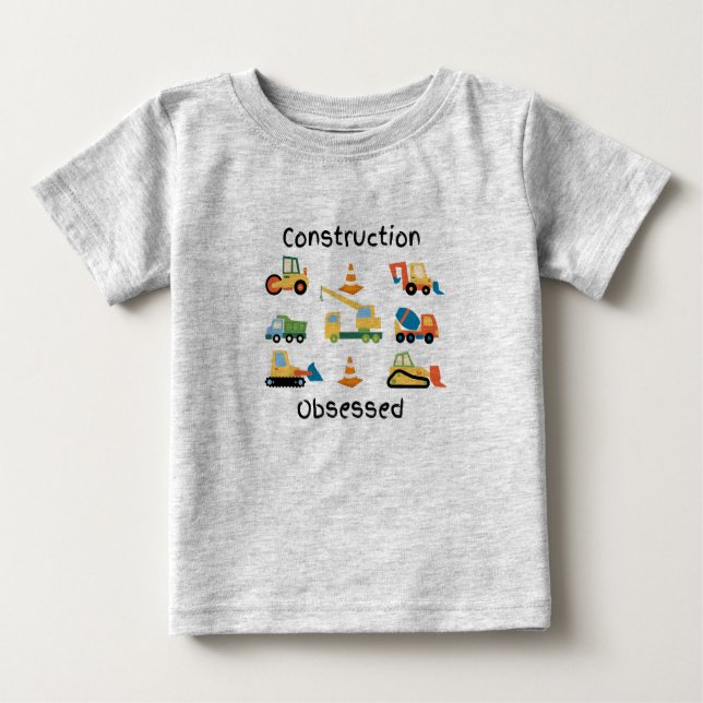 Camiseta Para Bebê Construção Obtida com caminhões e veículos (Frente)