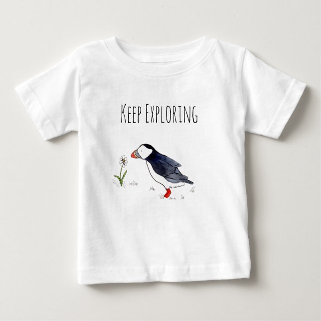 Camiseta Para Bebê Continuar Explorando a Letreiros com o Puffin Atlâ (Frente)