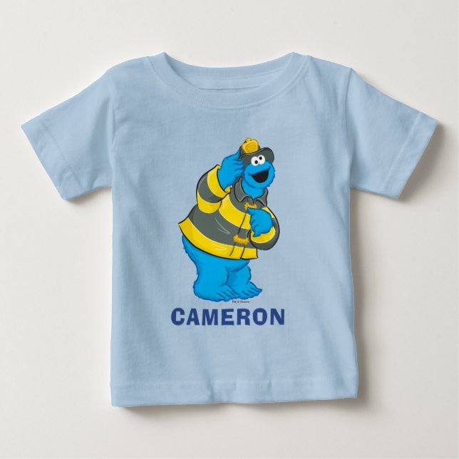 Camiseta Para Bebê Cookie Monster | Fantasia de Bombeiro (Frente)