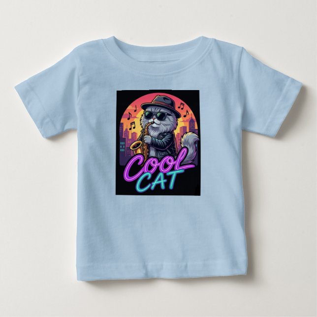Camiseta Para Bebê Cool Cat Saxophone – Retro Neon 90s Jazz Cat Desig (Frente)