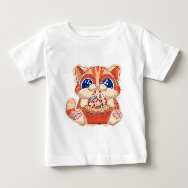 Camiseta Para Bebê Cor da pizza de comida de gato (Frente)