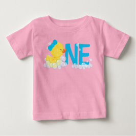 Camiseta Para Bebê Cor d'água rosa Borracha Pato Um primeiro aniversa