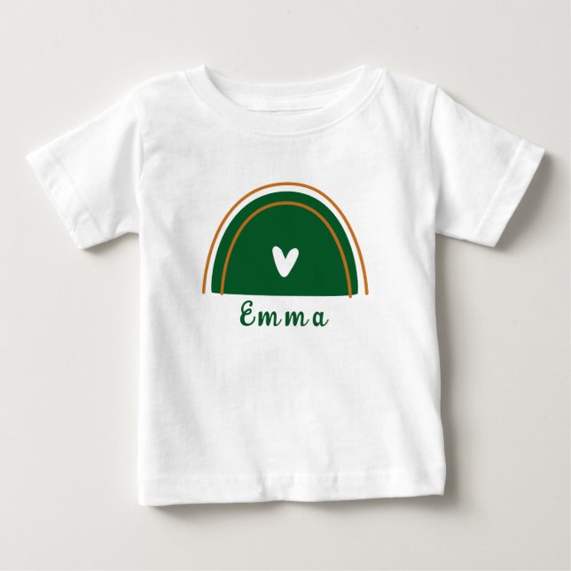 Camiseta Para Bebê Coração Boho Verde Arco-íris com Nome Personalizad (Frente)