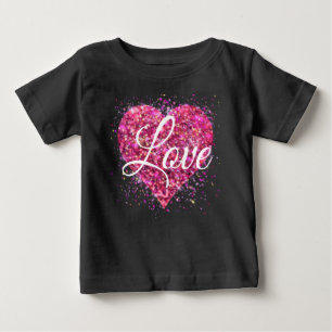 Camiseta Para Bebê Coração de brilho cintilante rosa amor