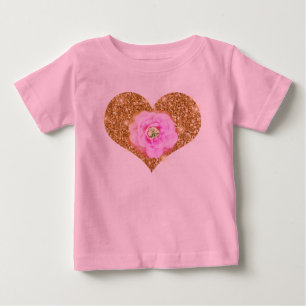 Camiseta Para Bebê Coração de Brilho Falso Dourado Rosa Diamante Rosa