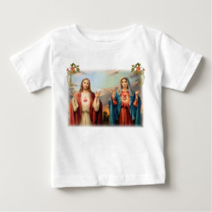 Camiseta Para Bebê Coração sagrado de Jesus e coração imaculado d