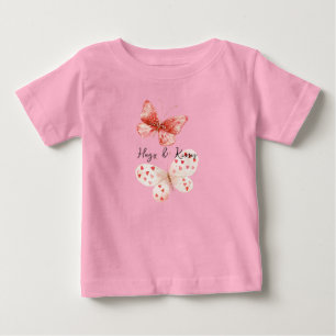 Camiseta Para Bebê Corações Borboletas Rosa Vermelho Creme