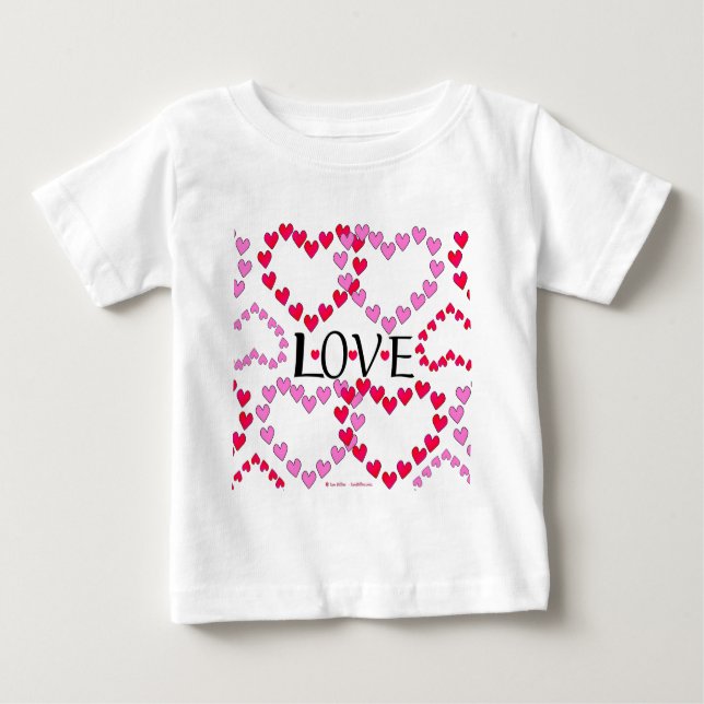 Camiseta Para Bebê Corações Pequenos, Vermelho Rosa, AMOR (Frente)