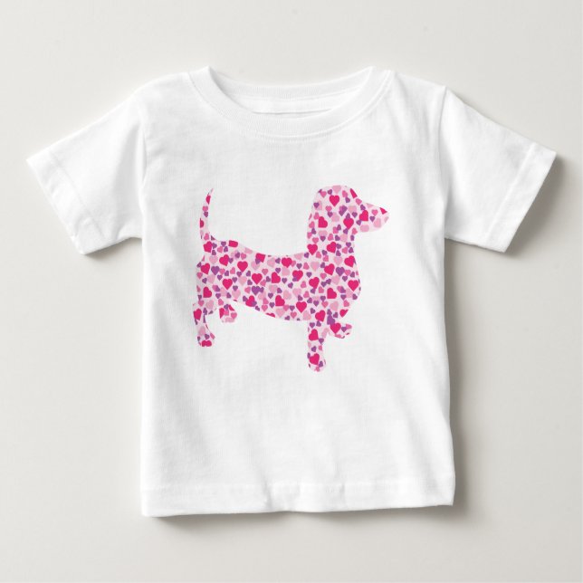 Camiseta Para Bebê Corações Rosa Dacshund (Frente)