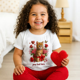 Camiseta Para Bebê Corações Vermelhos e Rosas Gatinho Ruivo Dia dos N