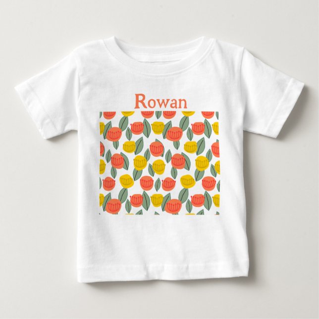 Camiseta Para Bebê Coral e Flores Douradas (Frente)