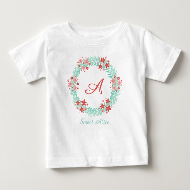 Camiseta Para Bebê Coral floral wreath design (Frente)
