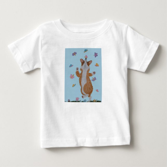 Camiseta Para Bebê Corgi Galês Dançando com Borboletas (Frente)