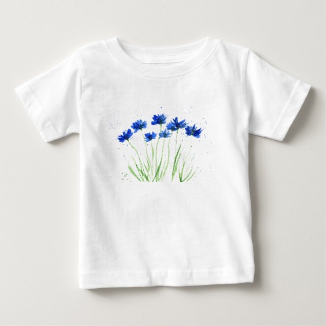 Camiseta Para Bebê Cornflowers Flores azuis Arte de jardim Aquarela  (Frente)