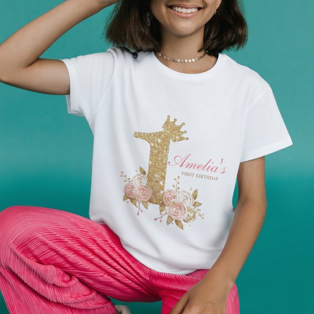 Camiseta Para Bebê Coroa de Ouro Rosa Princesa Primeiro Aniversário  (Criador carregado)