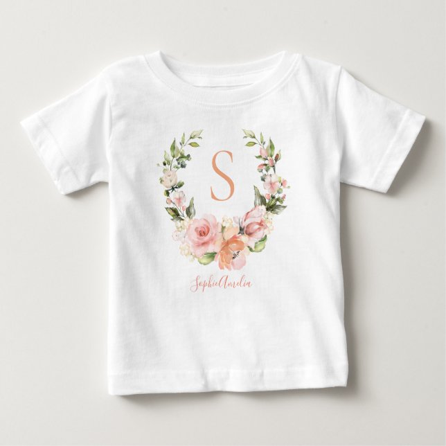 Camiseta Para Bebê Coroa de Rosa Coral Perfeita com Nome Personalizad (Frente)